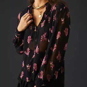 By Anthropologie Sheer Blouse Floral Printed Long Sleeve Buttondown Top Medium M